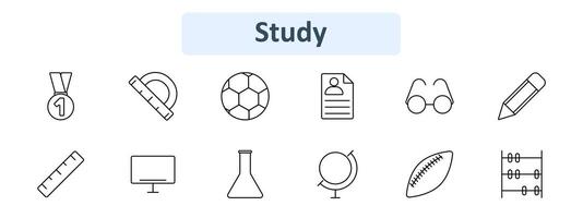Study icon set. Medal, protractor, soccer ball, resume, glasses, pencil, ruler, computer, beaker, globe, football, abacus. Education, learning, academic concept. vector