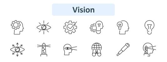Vision icon set. Gear and head, eye, checkmark, lightbulb, lighthouse, binoculars, telescope, insight. Strategy, innovation, foresight concept. vector
