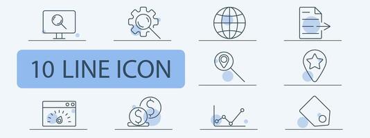 Search and optimization line icons set. Monitor search, gear search, search, document upload, location pin, star rating, graph analysis, money, price tag, analytics. SEO, research, online marketing vector