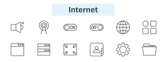 Internet set icon. Mute speaker, antenna, on off switch, globe, grid, browser, server, full screen, user, settings, folder. Web, communication, technology, network, data concept vector