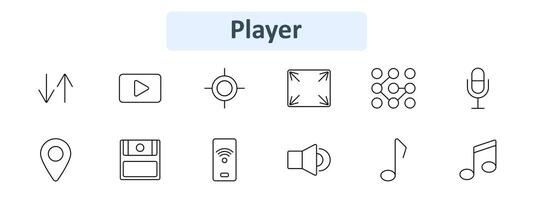 Player set icon. Upload download, play button, target, full screen, grid, microphone, location, save icon, remote, speaker, music note. Media control, multimedia, entertainment, audio visual concept vector