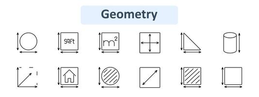 Geometry set icon. Circle, square feet, square meter, dimension arrows, triangle, cylinder, diagonal, house, striped circle, striped square. Geometric shapes, measurement, spatial awareness vector