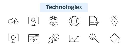 Technologies set icon. Cloud sync, search monitor, gear search, globe, document, location star, target monitor, speed browser, dollar coins, line graph, map pin, tag. Tech, data, internet, analysis vector