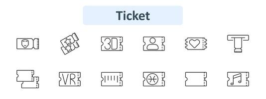 Ticket set icon. Theater, star, 3D, person, heart, turnstile, VR, barcode, basketball, music note. Admission, entertainment, event, entry concept vector
