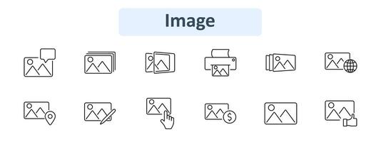 Image set icon. Picture, gallery, printer, photo album, global image, location, edit, select, dollar, like. Photography, media, digital content, visual concept vector
