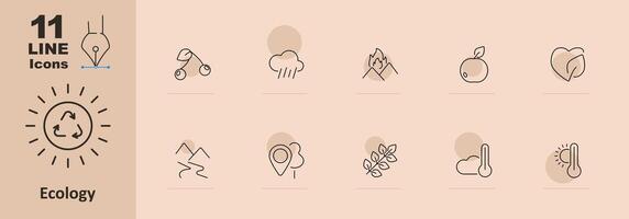 Ecology set icon. Cherry, rain cloud, mountain with flame, apple, leaf, mountain, location pin, branch, sun, temperature. Environmental conservation and nature concept vector