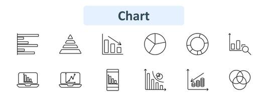 Chart icon set. Bar graph, pyramid, pie chart, line graph, doughnut chart, financial report, laptop analytics, mobile data, coins, growth chart. Data visualization, statistics, analysis concept. vector