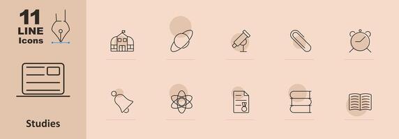 Studies set icon. School building, atom, microscope, alarm clock, bell, planet, document, books, open book, paperclip. Education and academic concept vector