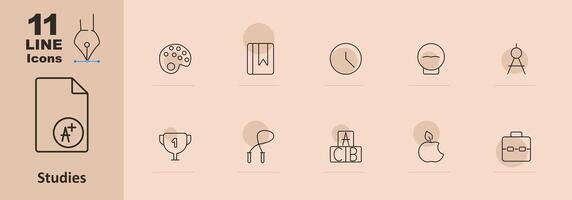 Studies set icon. Paint palette, bookmark, clock, globe, compass, trophy, jump rope, alphabet blocks, apple, briefcase. School and education concept vector
