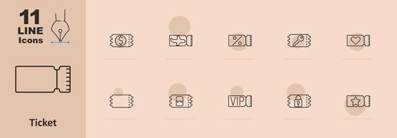 Ticket set icon. Blank ticket, dollar sign, airplane, percentage, key, heart, VIP, lock, star. Event and admission concept. line icon on beige background vector