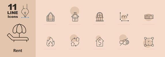 Rent set icon. House, cabin, window, square meter, fire, exchange, dollar sign, megaphone, plan. Property and accommodation concept. line icon on beige background. vector