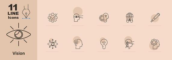Vision set icon. Eye, gear with check mark, head with eye, brain with gear, telescope, lighthouse, light bulb, insight, innovation, foresight. Vision and strategy concept vector