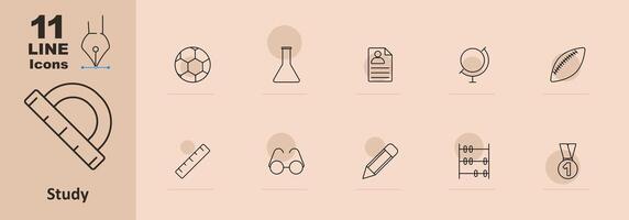 Study set icon. Protractor, soccer ball, lab flask, resume, globe, football, ruler, eyeglasses, pencil, abacus, medal. Education and school concept. line icon on beige background. vector