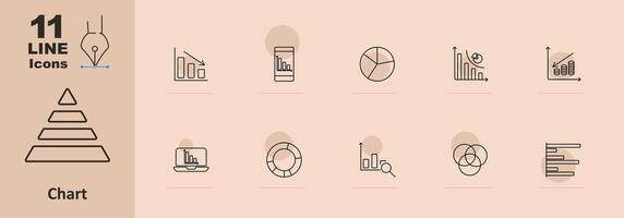 Chart set icon. Bar chart, line, pie, stacked coins, decrease graph, increase graph, statistical chart, Venn diagram, financial, pyramid. Data analysis and statistics vector