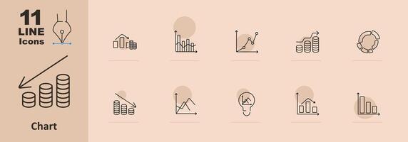 Chart set icon. Bar chart, line, pie, stacked coins, decrease graph, increase graph, statistical chart, Venn diagram, financial, pyramid. Data analysis and statistics vector