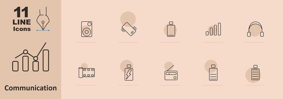 Communication set icon. Speaker, phone, battery, signal, radio, graph, headset, camera, film, charger, interface, media, technology, connection, device, audio, , communication vector