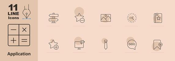Application set icon. Calculator, plus, minus, multiply, divide, directions, star, gallery, sun, book, tie, megaphone, message, bookmark, interface, tools, mobile app. line icon vector