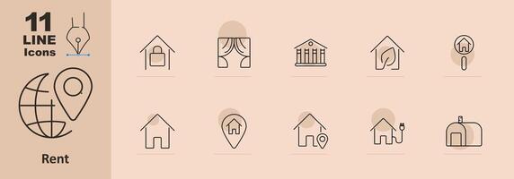 Rent set icon. House, curtains, government building, magnifying glass, home location, mailbox, property, search, architecture, rental, residence, real estate, housing, address, home, location pin vector