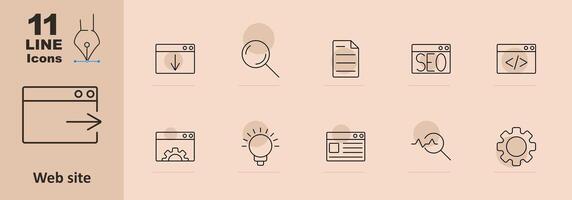Website set icon. Browser, magnifying glass, document, SEO, code, gear, light bulb, analytics, download, interface, web, search, internet, development, optimization, website, technology. vector