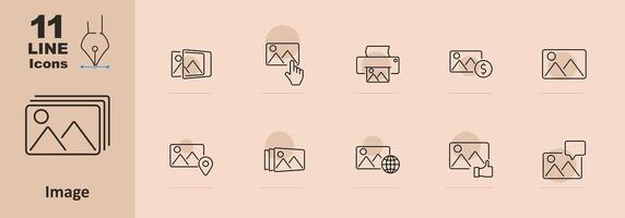 Image set icon. Photo, selection, print, cost, location, gallery, thumbnail, globe, speech bubble, like, communication, media, photography, internet, sharing, interface, digital vector