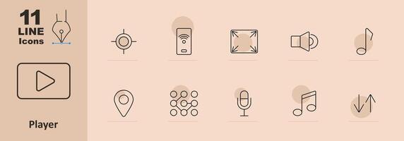 Player set icon. Target, remote, fullscreen, volume, music note, microphone, playlist, play button, audio, , controls, multimedia, navigation, media player, interface, playback vector