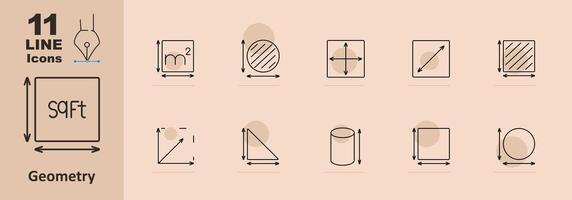 Geometry set icon. Square, circle, rectangle, diagonal, measurement, triangle, cylinder, arrow, dimensions, area, volume, shape, size, math, calculation, grid, proportions. vector