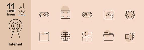 Internet set icon. On switch, fullscreen, off switch, user, settings, browser, globe, grid, folder, mute, connectivity, online, technology, communication, network, web, interface vector