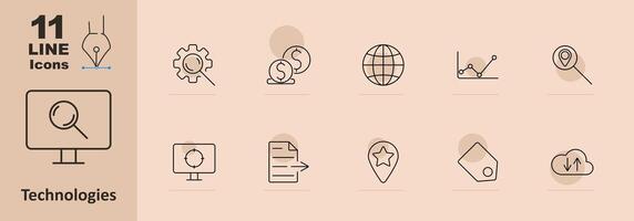 Technologies set icon. Magnifier, gear, money, globe, graph, monitor, target, document, location, favorite, cloud, analytics, search, optimization, online, finance, data. vector