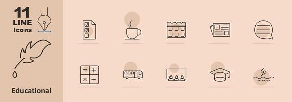 Educational set icon. Checklist, coffee, calendar, news, speech bubble, calculator, bus, classroom, graduation cap, swimming, education, learning, school, schedule, communication, study, teaching vector