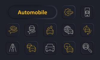 Automobile set icon. Car, hand, maintenance, online, globe, exchange, location, traffic, speed, search. Automotive services and transport concept. line icon on dark background. vector