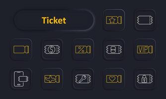 Ticket set icon. Ticket stub, currency, discount, percentage, VIP, mobile ticket, plane, key, heart, lock. Event and travel access concept. vector