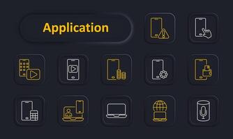 Application set icon. Phone, alert, play, settings, wallet, calculator, communication, user interface, online service. Mobile app features concept. vector