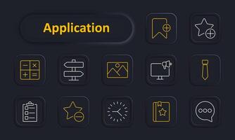 Application set icon. Calculator, bookmark, star, signpost, gallery, monitor, tie, checklist, rating, clock, chat, communication. Productivity, business tools, navigation, multimedia, task management vector
