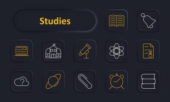Studies set icon. ID card, school building, telescope, atom, certificate, cloud question mark, planet, paperclip, alarm clock, books. Education, science, research, achievement, time management, vector