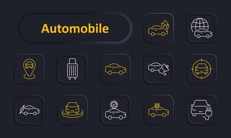 Automobile set icon. Car, location, suitcase, burning, globe, crash, target, electric, road, shield, maintenance, parking. Vehicle travel and safety concept. line icon on dark background. vector