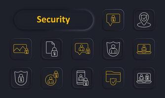 Security set icon. Lock, file, user, shield, location, laptop, folder, padlock. Data protection and privacy concept. line icon on dark background. vector