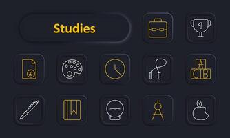Studies set icon. Certificate, palette, clock, jump rope, ABC blocks, pen, bookmark, head, compass, apple. Education and academic tools concept. vector