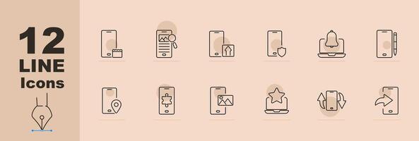 Mobile app set icon. Smartphone, screen, upload, shield, notification, location, puzzle, image, star, sharing. line icon on beige background. vector