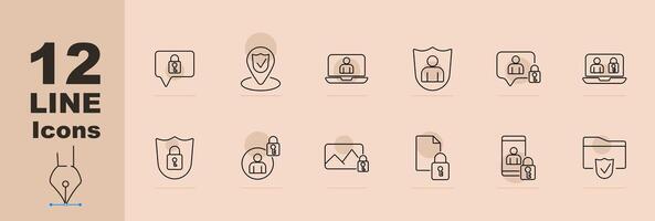 Security and privacy set icon. Shield, lock, user, laptop, mobile phone, document, location pin, secure message. line icon on beige background vector