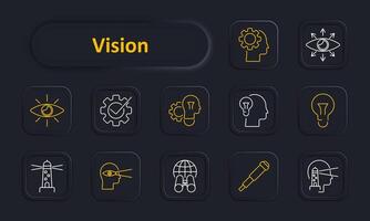 Vision set icon. Eye, gear, brain, lightbulb, lighthouse, binoculars, telescope, innovation, idea, foresight, focus, global vision. Insight, intelligence, perception, creativity, planning concept. vector