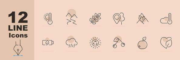 Weather and nature set icon. Thermometer, mountain, branch, location pin, forest fire, cloud, rain, sun, fruit, heart with leaf. line icon on beige background vector
