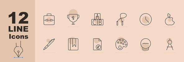 Education and learning set icon. Briefcase, trophy, ABC blocks, jump rope, apple, clock, pen, book, grade sheet, paint palette, light bulb, compass. line icon on beige background. vector