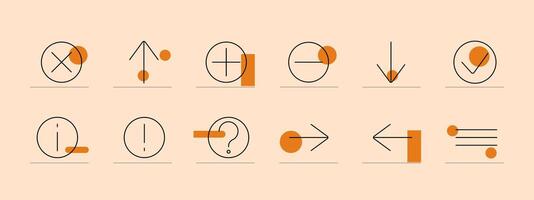 Calculator set icon. Addition, subtraction, multiplication, division, arrows, question mark, exclamation mark, information, equality, tick, cancel. Mathematical operations, calculations, data analysis vector