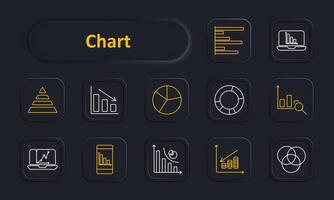 Chart set icon. Pyramid, declining bar, pie, donut, magnifying glass, laptop, mobile, line graph, coin stacks, Venn diagram. Statistics, data analysis, visualization concept. vector