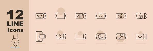 Ticket set icon. Ticket stub, currency, discount, percentage, VIP, mobile ticket, plane, key, heart, lock. Event and travel access concept. vector