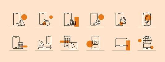 Mobile and digital devices line icons set. Smartphone, laptop, tablet, microphone, play button, wallet. Technology, digital communication concept vector