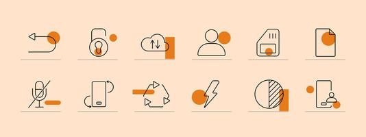 Application set icon. Mobile warning, keypad, play button, coins, settings, wallet, touch, calculator, call, laptop, globe, microphone. Digital interface and utility concept. vector