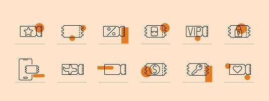 Ticket set icon. Ticket stub, currency, discount, percentage, VIP, mobile ticket, plane, key, heart, lock. Event and travel access concept. vector