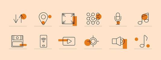 Player set icon. Play button, , full screen, microphone, volume, music notes, pause, targeting, navigation, arrows. Media player, multimedia, audio and controls concept. vector