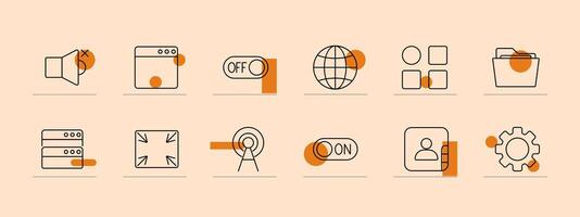 Network and technology line icons set. Antenna, on switch, off switch, globe, gear, interface, server, fullscreen, user, folder. Communication, IT, system concept vector